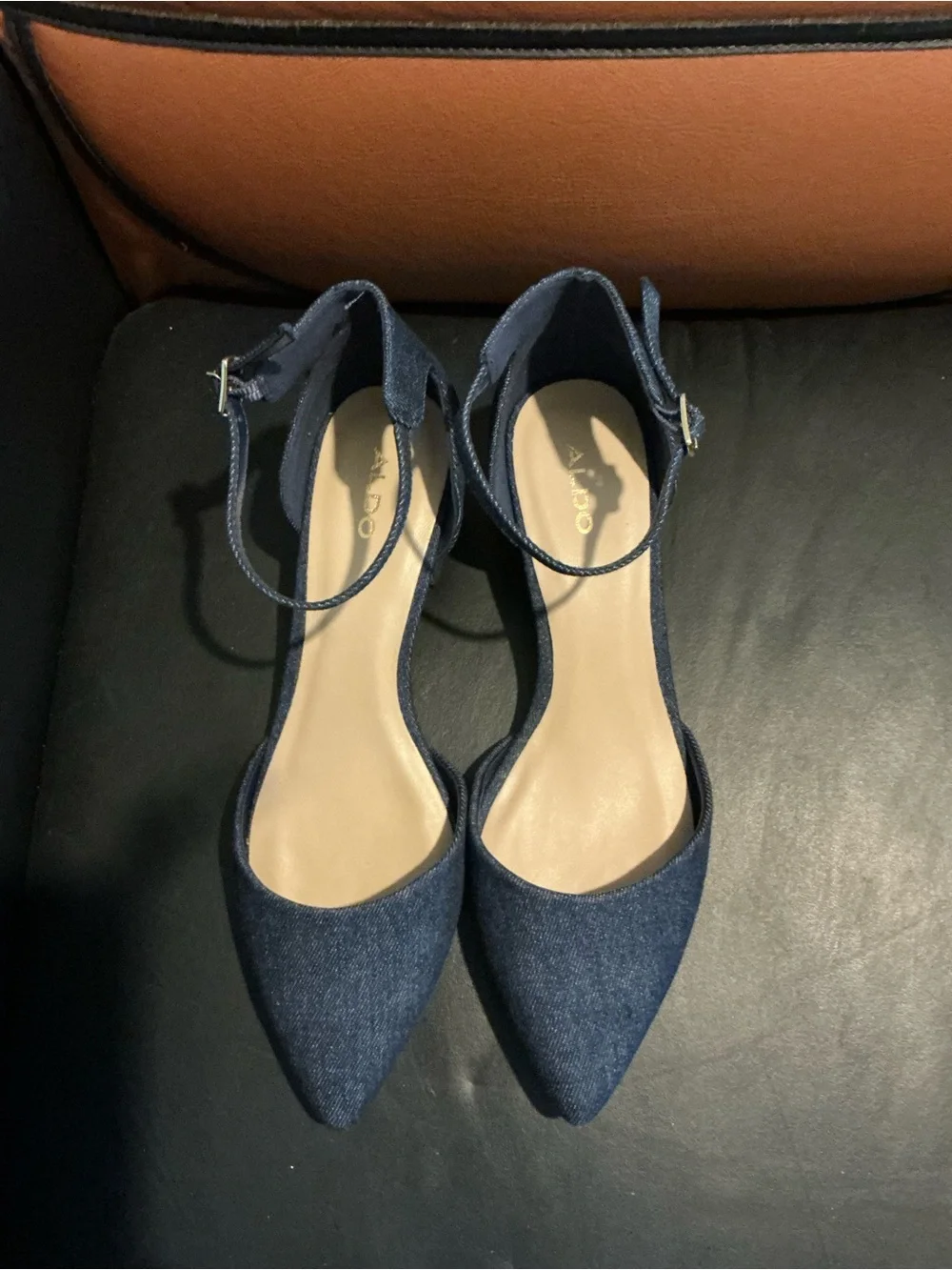 ALDO Navy Denim Pointed-Toe Ankle-Strap Heels